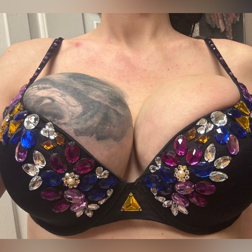 Jeweled Crystal Embellished Black Bra with Multicolor Gemstones - Picture 8 of 11